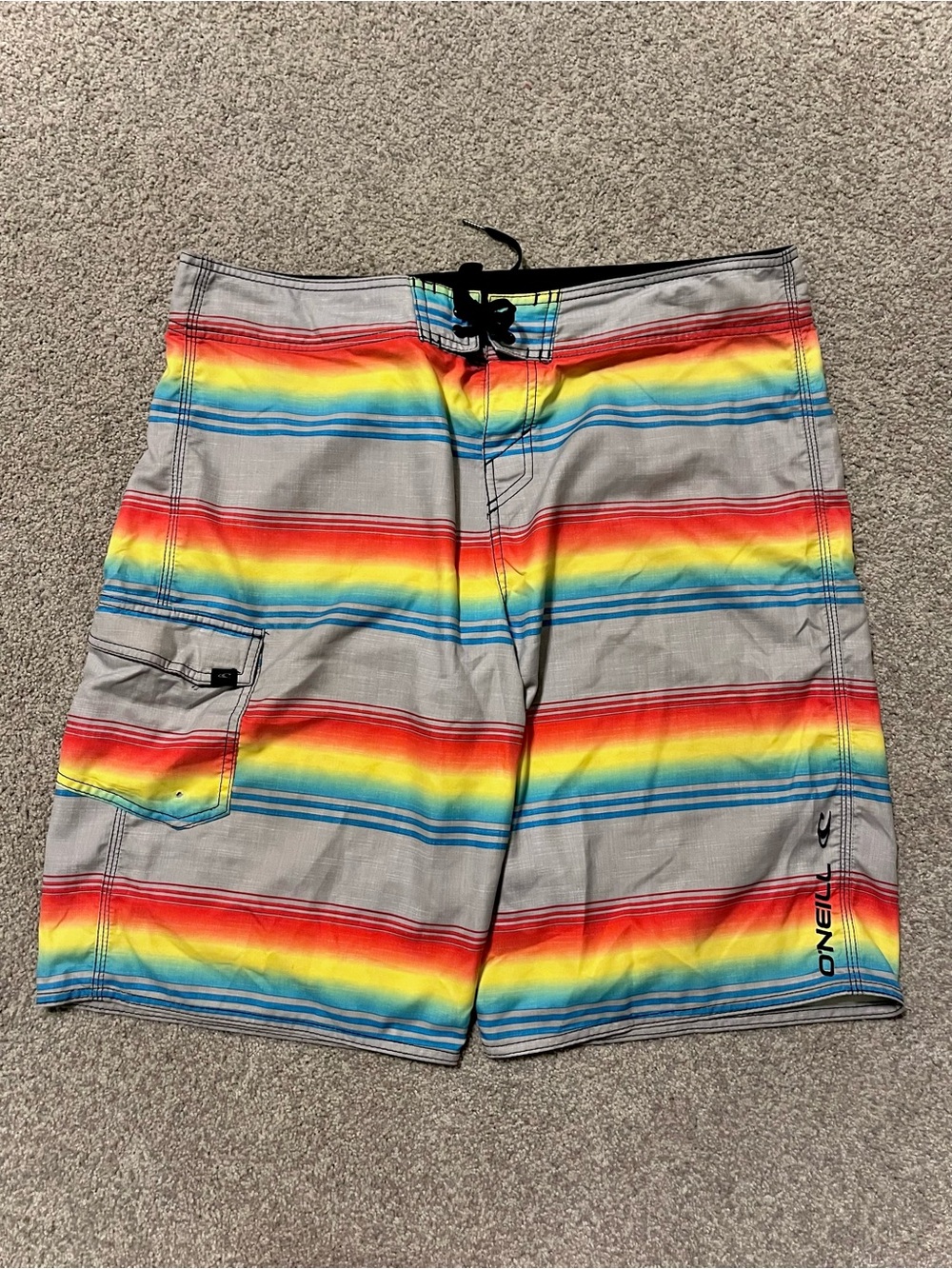 O'Neill Men's Gray Swim Trunks with Rainbow Stripes, Men’s Size 36